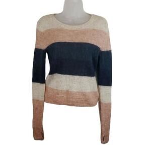 Pam & Gela Pink Navy Oatmeal Tan Striped Alpaca Blend Crew Neck Sweaterโฆ